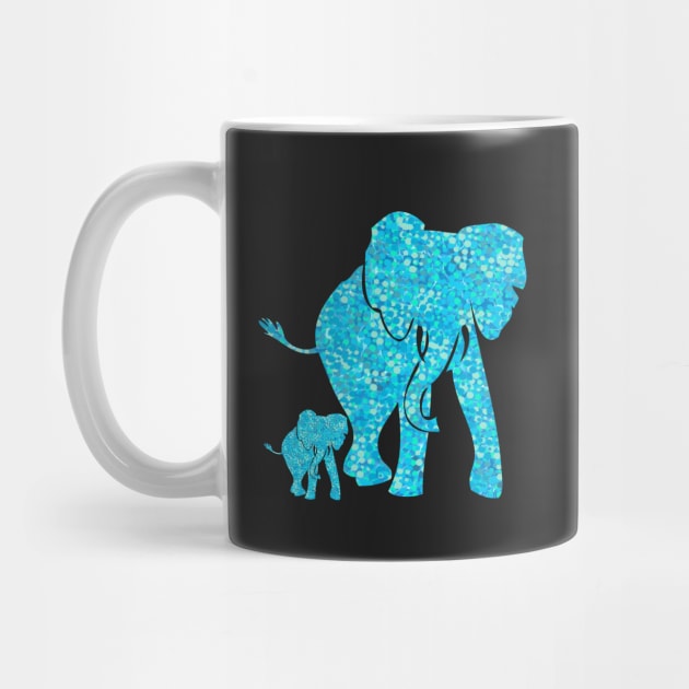 Beautiful Aqua Blue Mother and Baby Elephant. A cute Mother and Baby elephant design in an aqua blue speckled pattern. Includes light and dark shades of aqua, aquamarine and turquoise blue. by innerspectrum